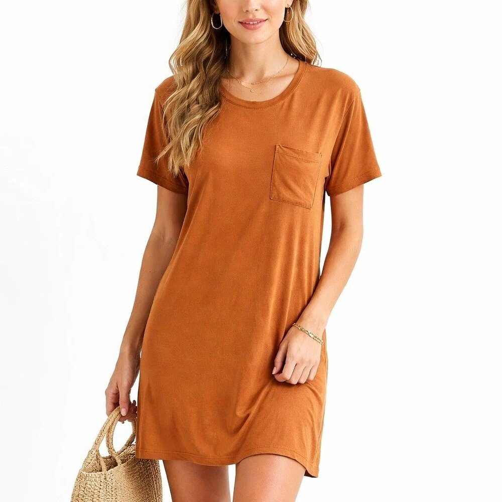 Daily Ritual T-Shirt Dress Size M Dark Brown/Copper Short Sleeve Pocket Casual
